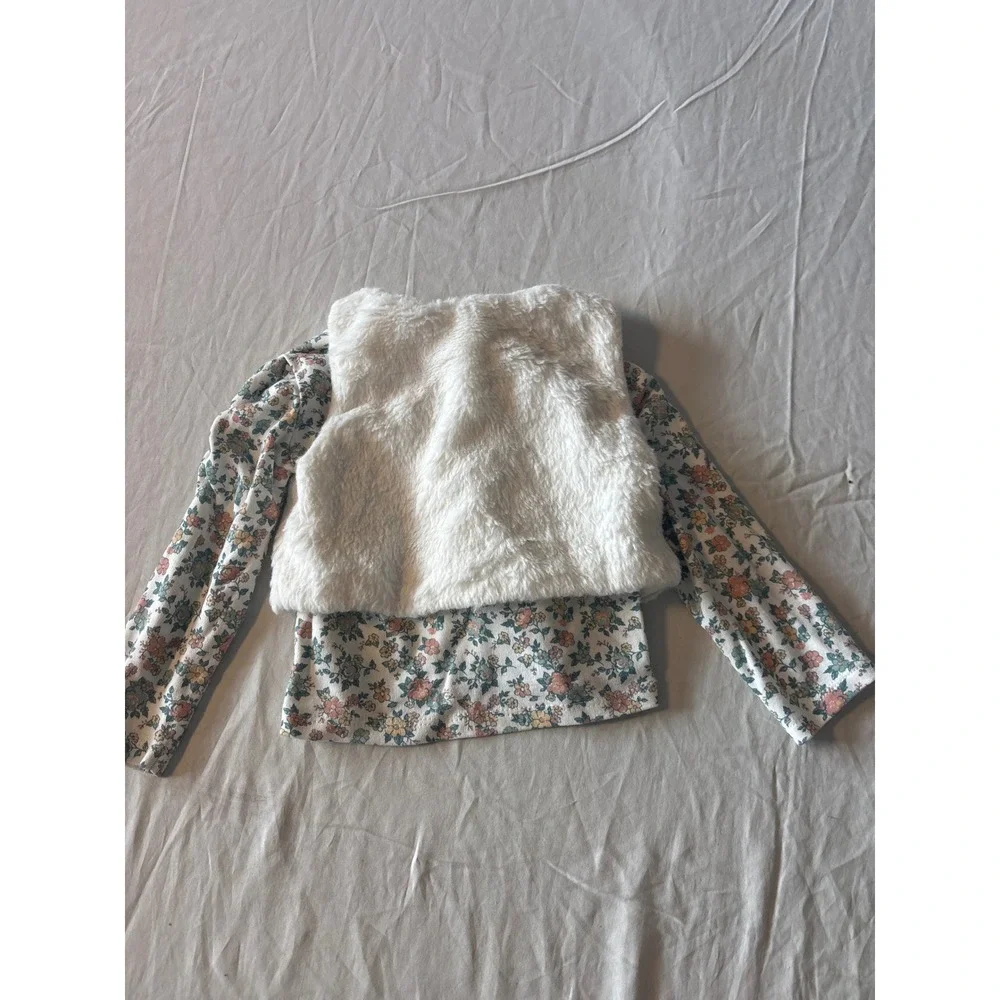 Nicole Miller Floral Top and Faux Fur Vest Set Baby‎ Girl 12M White Pink